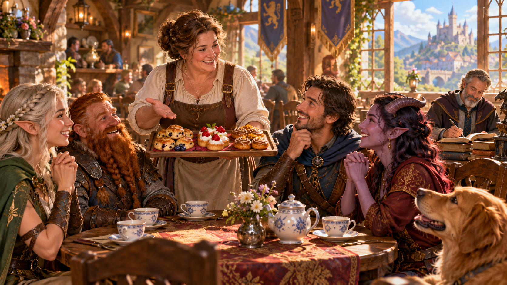 Fantasy illustration of an innkeeper offering pastries to adventurers for a simple table question while the Dungeon Master checks notes