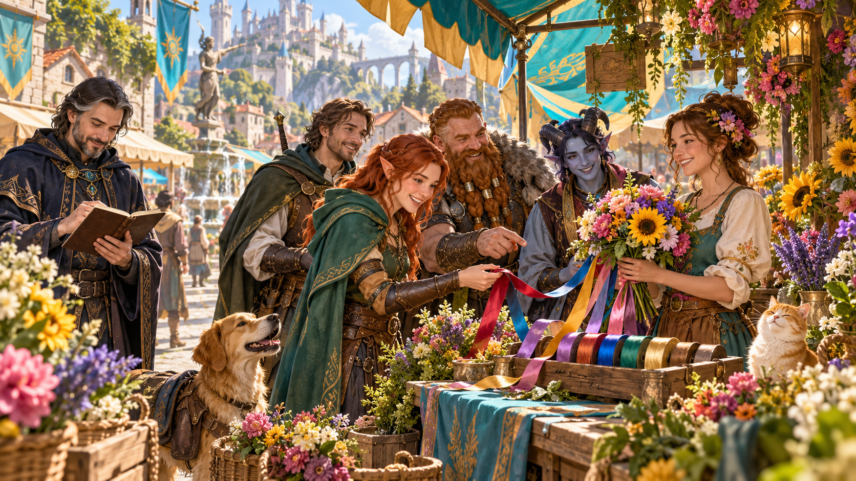 Fantasy illustration of adventurers choosing a ribbon at a market flower stall while the Dungeon Master checks a note
