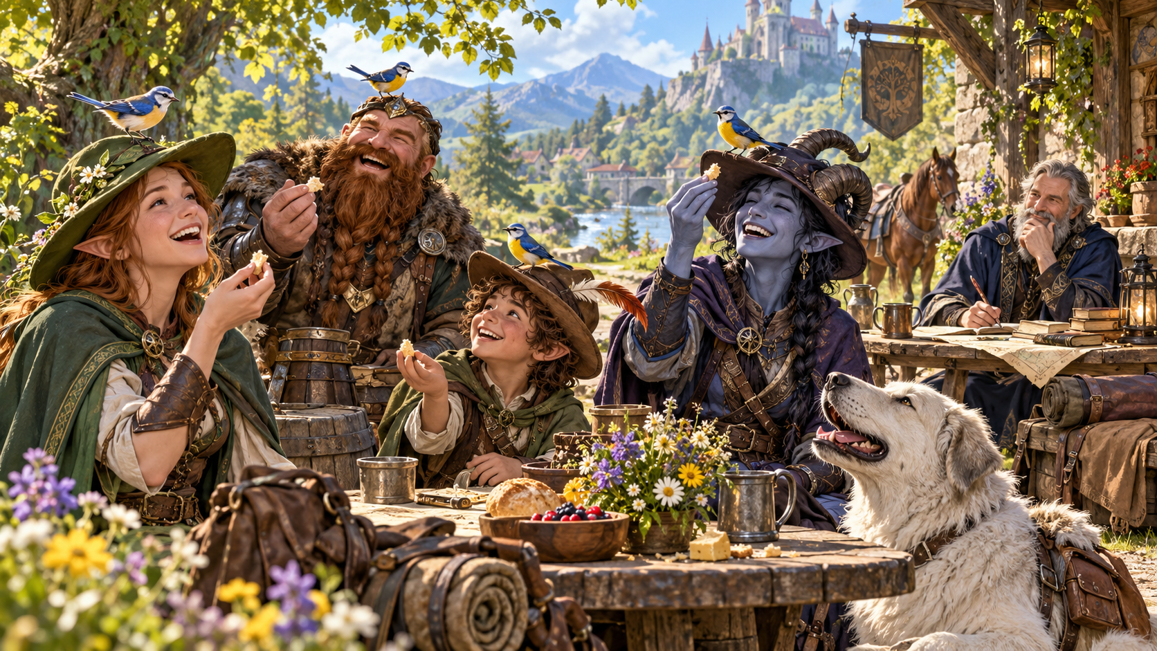 Fantasy illustration of adventurers enjoying songbirds perched on their hats at a woodland table while the Dungeon Master consults notes