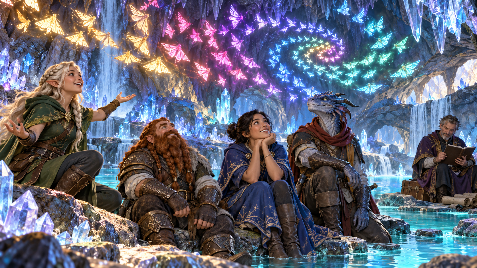Fantasy illustration of adventurers observing colourful moths in a crystal cavern while the Dungeon Master quietly checks a book